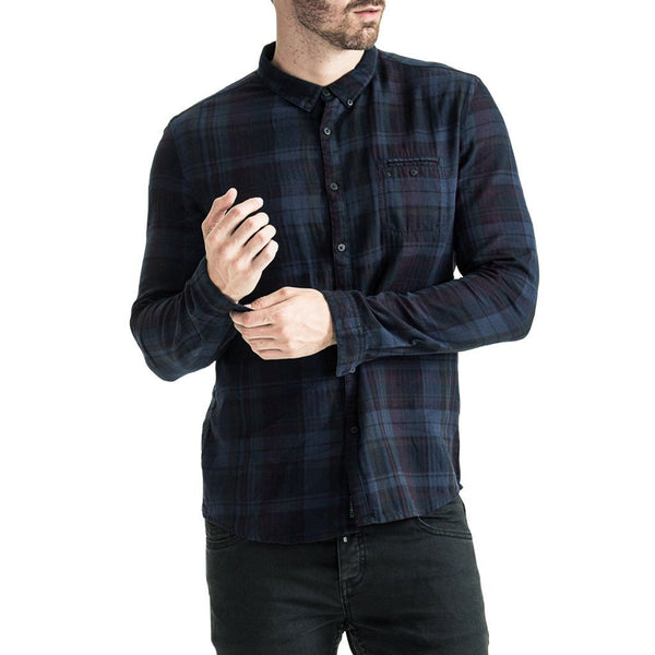 Mens-Shirt-Long-Sleeve-Check-Blue-Black-Front-View