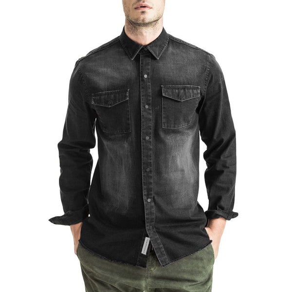 Mens-Shirt-Long-Sleeve-Denim-Black-Front-View