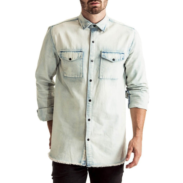 Mens-Long-Sleeve-Shirt-Bleach-wash-Light-Blue-Denim-Front-View