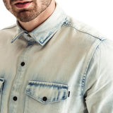 Mens-Long-Sleeve-Shirt-Bleach-wash-Light-Blue-Denim-Front-View