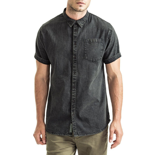 Mens-Denim-Shirt-Short-Sleeve-Black-Front-View