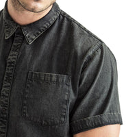 Mens-Denim-Shirt-Short-Sleeve-Black