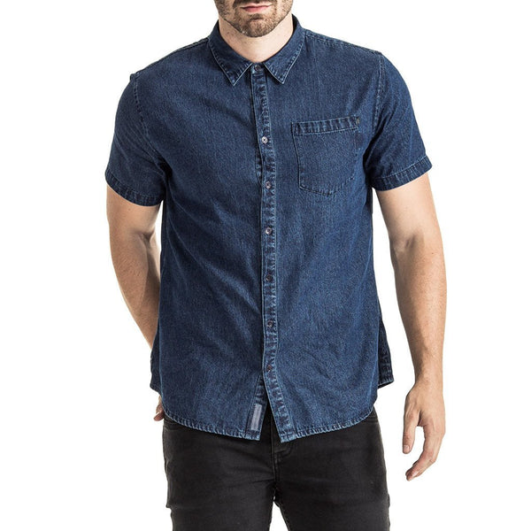 Mens-Shirt-Denim-Short-Sleeve-Blue-Front-View