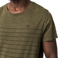 Mens-Cotton-Slub-Printed-Stripe-Tee-T-shirt-Olive-Embroidery-Sleeve