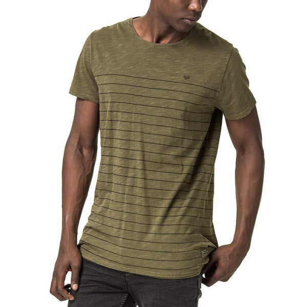 Mens-Cotton-Slub-Printed-Stripe-Tee-T-shirt-Olive-Front-View
